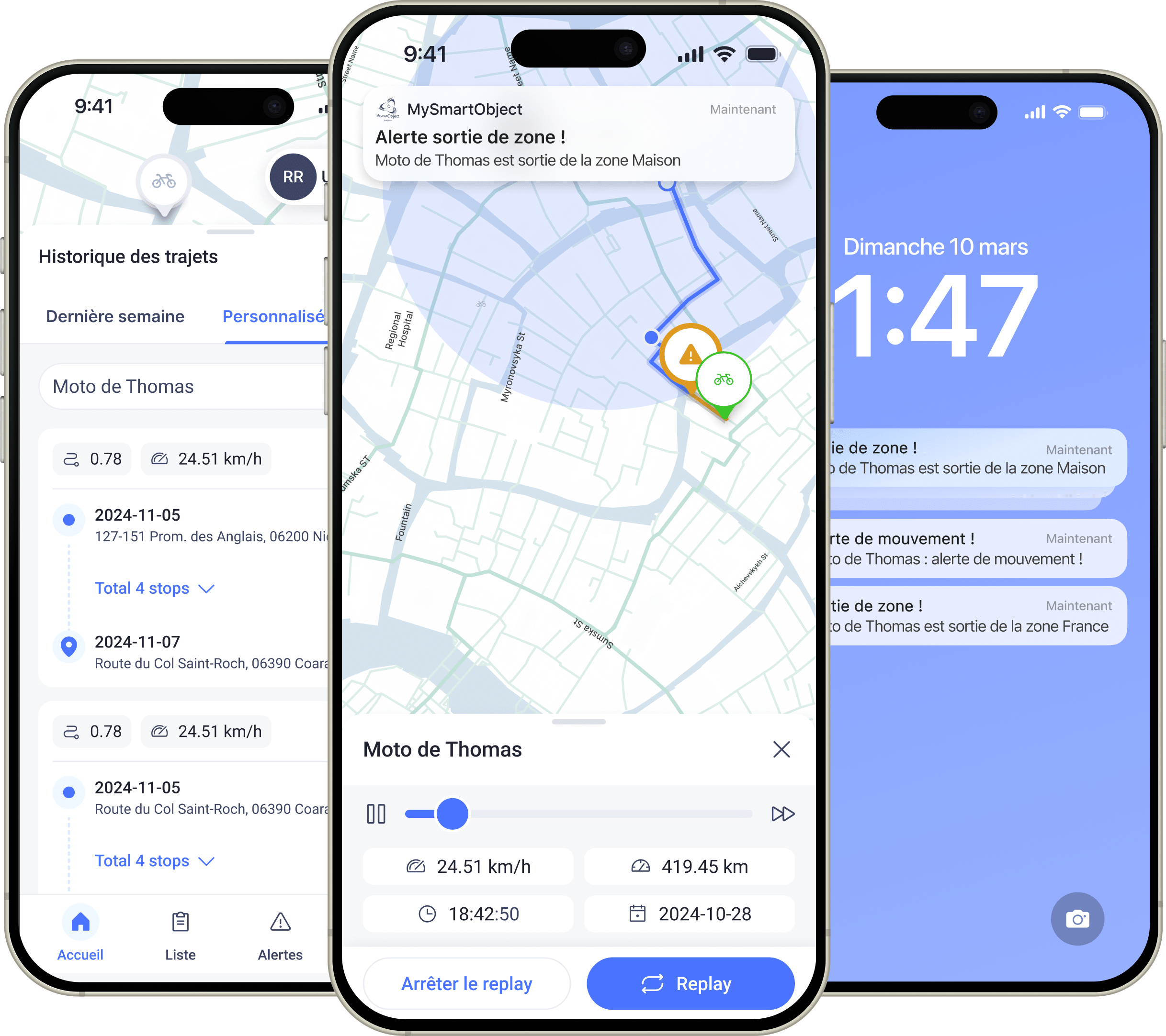 Application mobile montrant alertes et historique trajet
